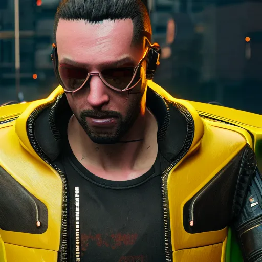 Image similar to Cyberpunk 2077 yellow jacket, concept art, unreal engine, 4k render, global illumination, blender, cycles