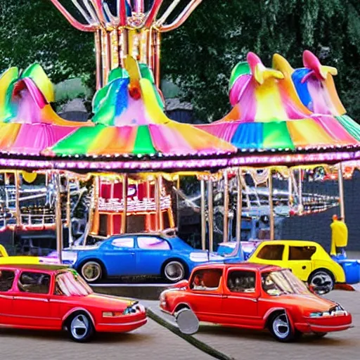 Prompt: carousel with cars shaped like a drag queen