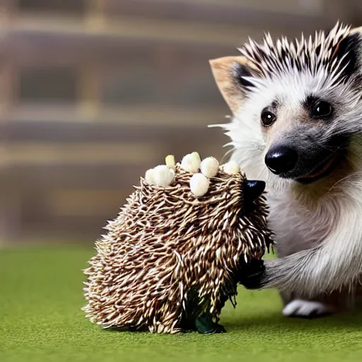 Image similar to a dog and a hedgehog as one animal.