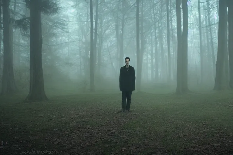 Prompt: a cinematic headshot portrait of a skinny evil male scientist, stood in a spooky forest, fog, shrubbery, 8 k, detailed, backlight, deep focus, movie still, moody lighting, by werner herzog