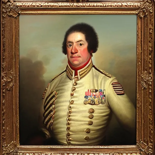 Prompt: facial portrait of the miami heat dictator in military uniform, 1 7 8 0, oil on canvas by william sidney mount, oil on canvas, octane render