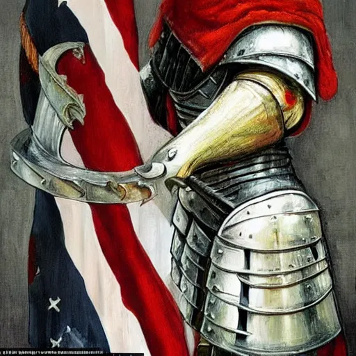 Prompt: donald trump, knights armor!!!!!!!!!!!!!!!!, one broadsword, by hans holdein, donald trumps highly detailed handsome face, two arms, two legs, donald trumps symmetrical face