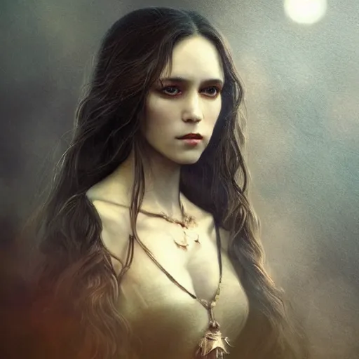 Image similar to majestic gracious regal aristocratic brunette female vampire portrait, atmospheric lighting, painted, menacing, intricate, volumetric lighting, beautiful, rich deep colours masterpiece, golden hour, sharp focus, ultra detailed, by leesha hannigan, ross tran, thierry doizon, kai carpenter, ignacio fernandez rios