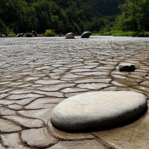 Image similar to detailed footage of european hunger stones in a river, photographic journalism, realistic, european river, carvings of drought and famine