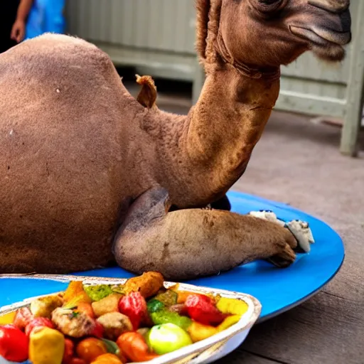 Image similar to whole roast camel served on a giant plate in front of a group of children in a kindergarten