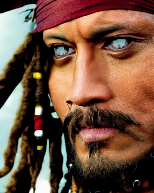 Image similar to Film still close-up shot of Dwayne Johnson as Captain Jack Sparrow from the movie Pirates of the Caribbean. Dwayne The Rock Johnson Photographic, photography