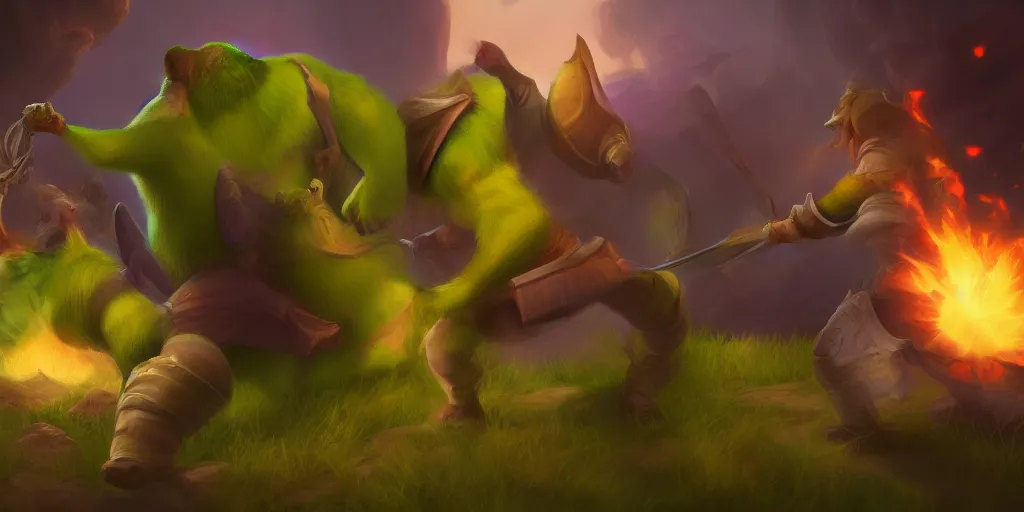 Prompt: A still of Shrek in League of legends's Arcane series