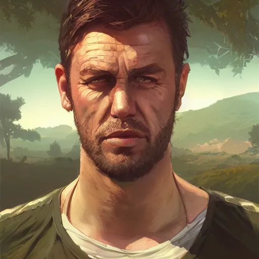 Image similar to highly detailed portrait rambo in gta v, stephen bliss, unreal engine, fantasy art by greg rutkowski, loish, rhads, ferdinand knab, makoto shinkai and lois van baarle, ilya kuvshinov, rossdraws, tom bagshaw, global illumination, radiant light, detailed and intricate environment