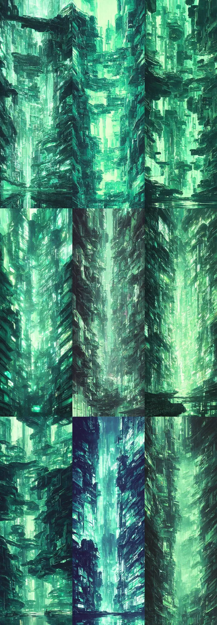 Image similar to reflective waves, cyberpunk texture, green coloring, by studio ghibli and greg rutkowski