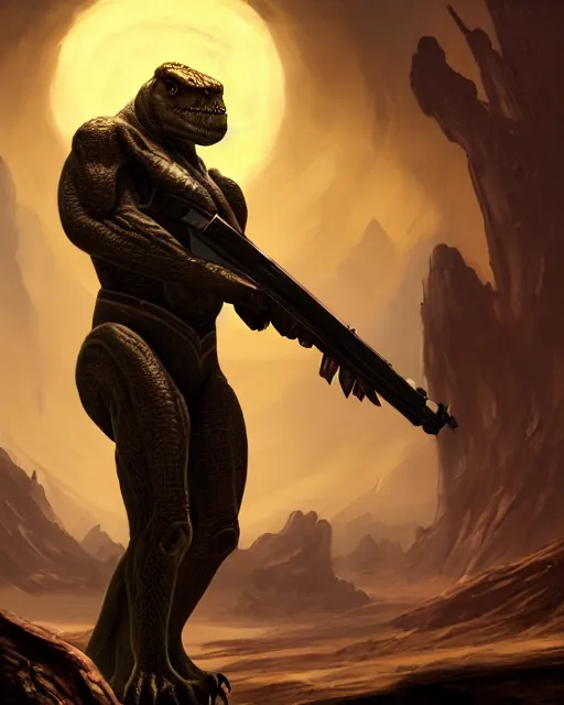 Image similar to oil painting of Krogan Lizardman, sharp focus, holding sci-fi rifle, magical aura, heroic pose, fantasy style, octane render, volumetric lighting, 8k high definition, by greg rutkowski, highly detailed, trending on art Station, magic the gathering artwork, Spaceship hallway background, centered, horror, sci-fi artwork, demonic