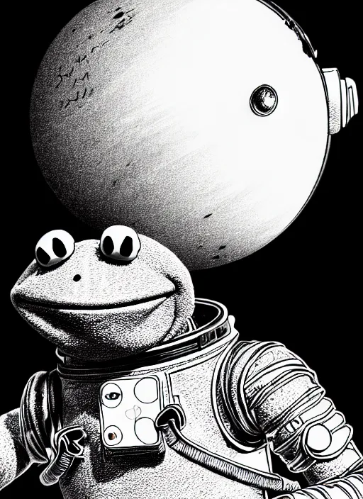 Prompt: highly detailed pen line drawing of a hopeful pretty astronaut Kermit the Frog from Sesame Street, 4k resolution, nier:automata inspired, bravely default inspired, vibrant but dreary but upflifting red, black and white color scheme!!! ((Space nebula background))