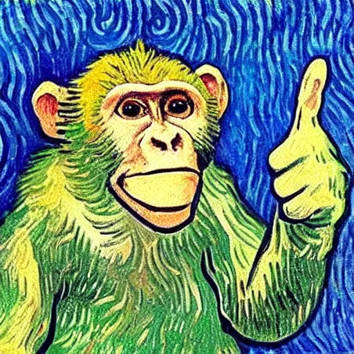 Image similar to oil painting of monkey giving thumbs up + painted by vincent van gogh