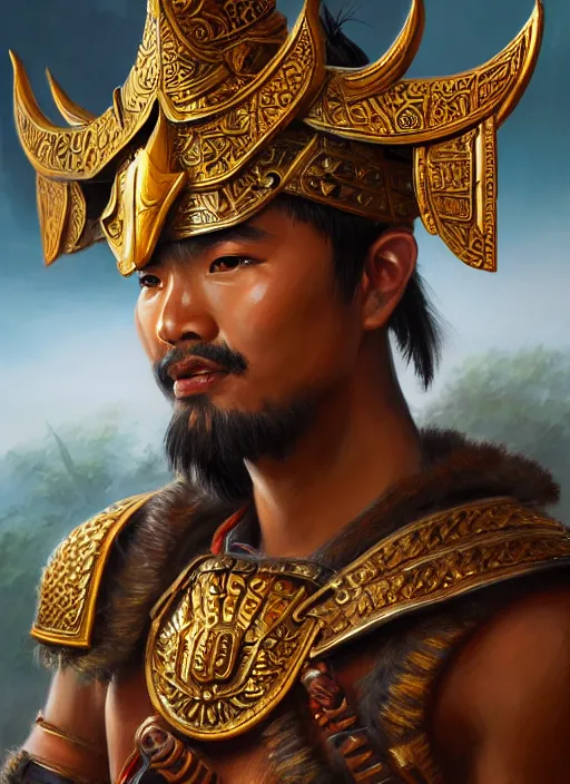 Image similar to smart tai warlord, closeup portrait, historical hero, ethnic group, sukhothai costume, thai bronze headdress, intricate, with leather armor cross on bare chest, elegant, loin cloth, highly detailed, oil painting, artstation, concept art, matte, sharp focus, illustration, hearthstone, art by earl norem