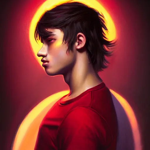 Image similar to colorful and festive captivating teenager with straight brown hair covering his eye, dark skin, big lips, big eyes, wearing a red t - shirt. rich vivid colors, ambient lighting, dynamic lighting, 4 k, atmospheric lighting, painted, intricate, highly detailed by charlie bowater