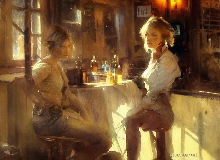 Image similar to oil watercolor painting of young rugged woman in western bar, shaven stubble, short hair, mysterious light, art by anders zorn, wonderful masterpiece by greg rutkowski, beautiful cinematic light, american romanticism by greg manchess, creation by tyler edlin