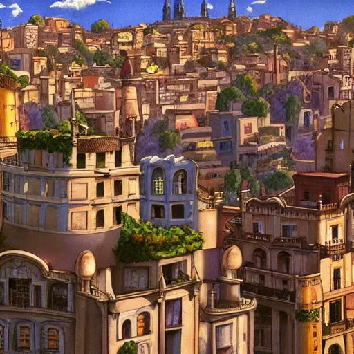 Image similar to a shot of a barcelona as a baroque city in howl's moving castle movie, movie shot, anime, hightly detailed, rescalated 4 k, detailed