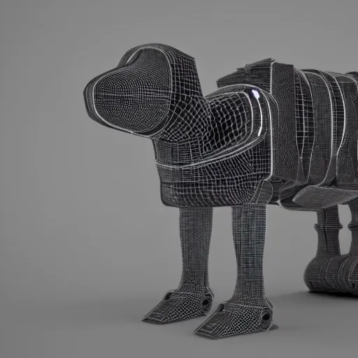 Image similar to dog robot wearing a large around its neck. 3 d render, oktane, post - processing, 8 k, cinematic lighting