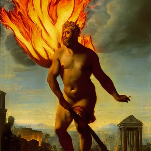 Prompt: emperor nero setting rome on fire, old master painting, ultra realistic details, 8 k