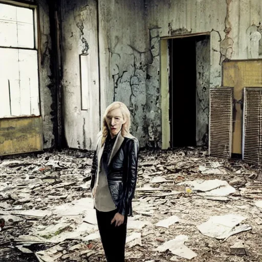 Image similar to photo of cate blanchett in an abandoned building, by Annie leibowitz, photorealisitc ,detailed