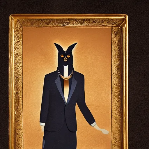 Prompt: painting of the god Anubis wearing an office suit with a gold necklace, looking at the camera, black background, studio light