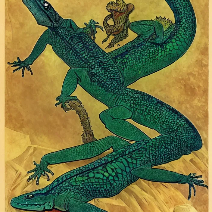 Prompt: the queen of lizards, full body, high fashion, latex, tropical, sharp, flowing, slick, highly detailed, motion, concept art, smooth, sharp focus, hd, art by alphonse mucha and matisse and annie leibovitz