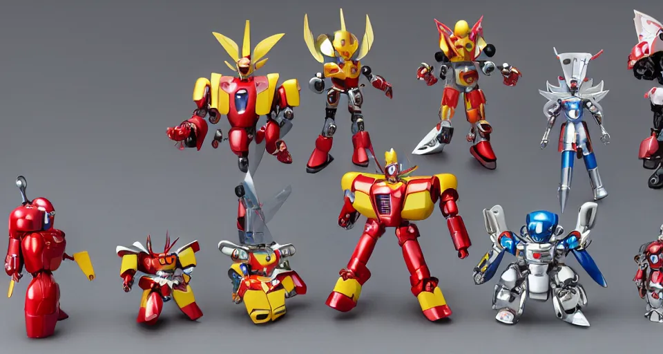 Image similar to a gashapon collection of several super - deformed chibi mecha robot model kit, mazinger, getter robo, gurenn lagann, by hajime katoki, plastic toy, product photo, realistic, symmetrical, octane render, wideshot