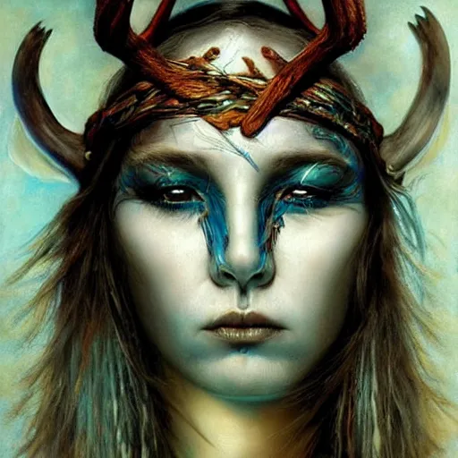 Image similar to A young female shaman blindfolded, blue hair and antlers on her head, blindfolded, heilung, made by karol bak