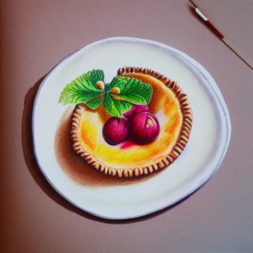 Image similar to Colored pencil art on paper, Gooseberry pie slice on a plate, highly detailed, artstation, MasterPiece, Award-Winning, Caran d'Ache Luminance