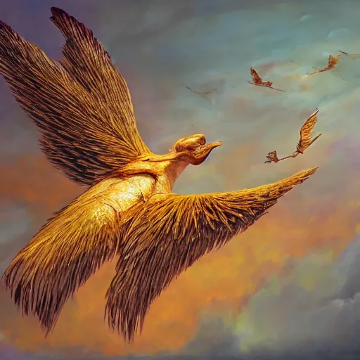 Prompt: a pancake with attached wings, flapping its wings flying in sunset sky, oil on canvas, portrait, intricate, 8k highly professionally detailed, HDR, CGsociety