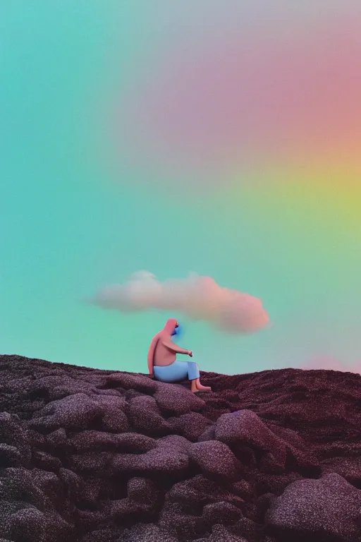 Image similar to high quality pastel coloured film close up wide angle photograph of homer simpson wearing clothing swimming on cloud furniture in a icelandic black rock environment in a partially haze filled dreamstate world. three point light, rainbow. photographic production. art directed. pastel colours. volumetric clouds. pastel gradient overlay. waves glitch artefacts. extreme facial clarity. 8 k. filmic.