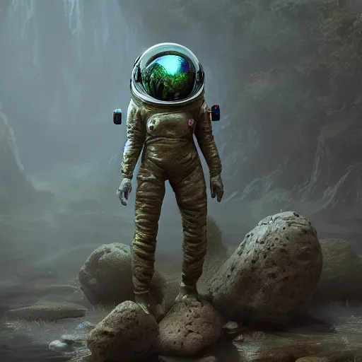 Prompt: soft painting render curiosities alien desolated world pond vegetation rocks, beautiful woman in spacesuit, omnious, horror, accurate features, focus, very intricate ultrafine details, random volumetric lighting, dense fog, award winning masterpiece, octane render 8 k hd, artstation