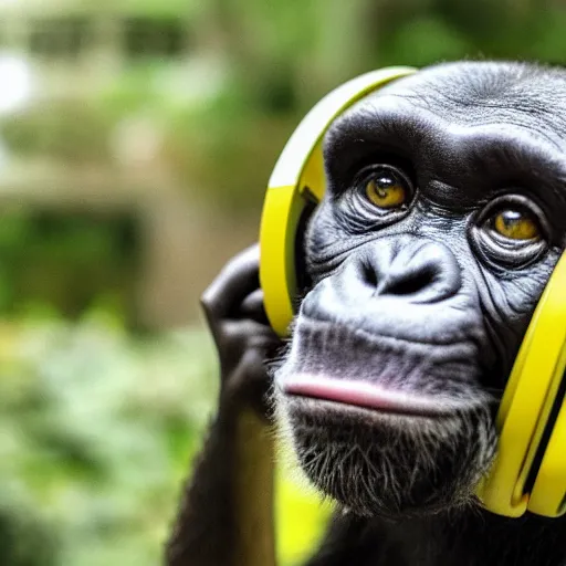 Image similar to a photo of a green chimp wearing headphones