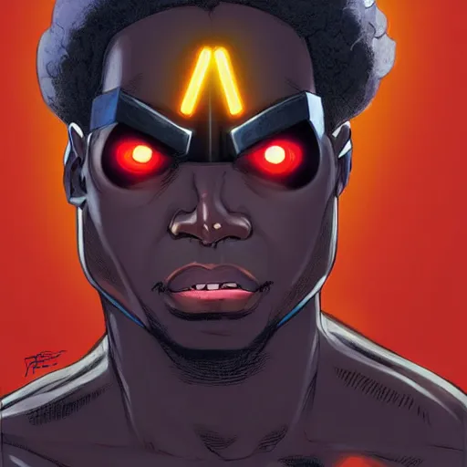 Image similar to a dark skinned, electricity themed superhero with white hair and red eyes. Drawn by Geoffroy Thoorens. Raphael Lacoste. Kuvshinov ilya