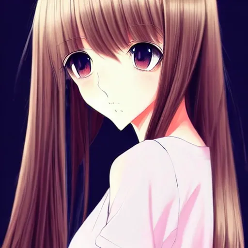 Image similar to attractive elegant sophisticated reservedyoung woman, slim figure, perfect silky straight hair, smooth tan skin, dark circles under bemused eyes, hip emo fashion, tshirt!!, shorts!!, illustrated for newtype magazine!! by range murata!!!, realistic anime style, pinterest, very interesting digital painting, beautiful portrait!!!