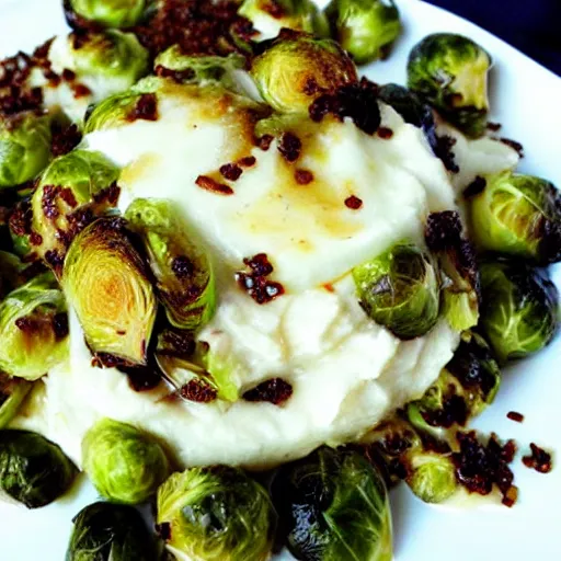 Image similar to brussel sprouts on white gravy , mashed potatoes, Michelin star, award winning