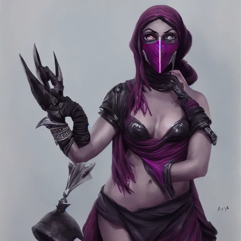 Prompt: A beautiful painting of Lanaya with a black facemask by Albert Urmanov, Dota, Templar Assassin, great detail, realistic, atmosphere, trending on artstation