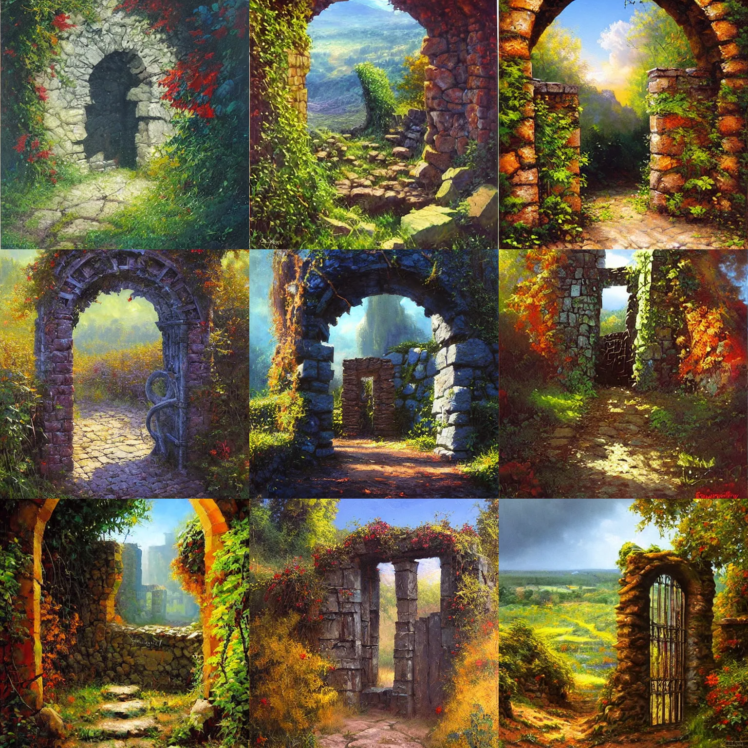 Prompt: colorful Grzegorz greg rutkowski and Mark Keathley impasto!! acrylic painting of the slate stone gateway of a forgotten civilization. vines and creepers, stone etchings