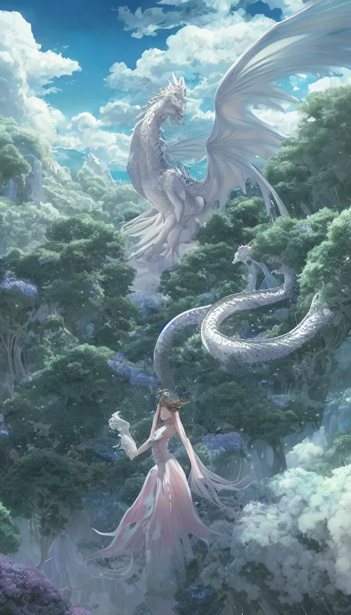 Prompt: the beautiful hyper detailed scene render that a beautiful girl lies in the arms of a huge silver white dragon alone in the fairyland surrounded by white clouds, finely detailed angelic face delicate features, style of makoto shinkai victo ngai and peter mohrbacher studio ghibli, beeple, animation style, hd, ultra wide angle