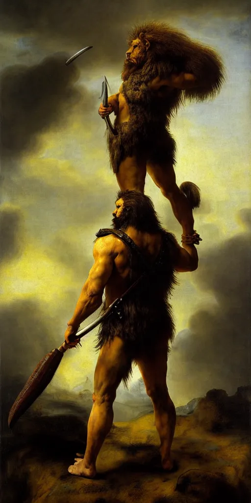 Prompt: muscular oversized proud lion animal as barbarian hunter wearing black vest armor and automatic rifle weapon and anthropomorphic human oversized mutant proportions and very hairy body , depressed pose , backlight body , extreme very textured detailed panoramic portrait oil painting by rembrandt, sunset, dramatic clouds and cyan atmosphere