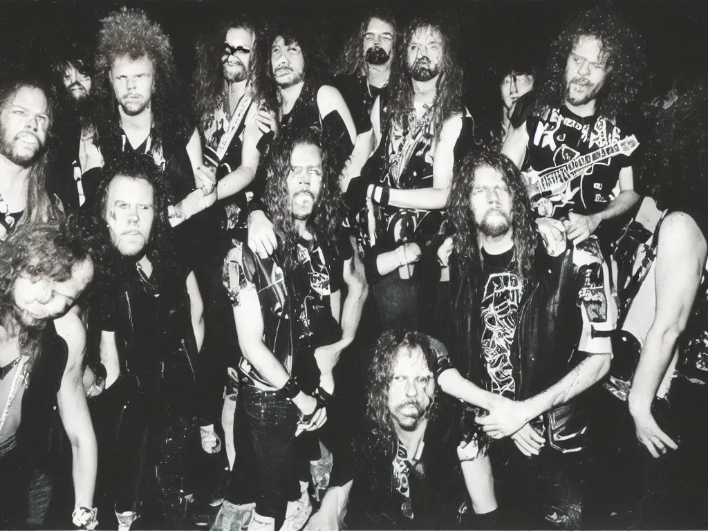 Image similar to 80s polaroid colour flash photograph of 80s Metallica concert