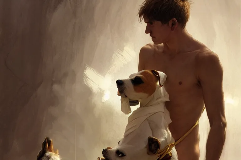 Image similar to a man tied to a pillar and jack russel terrier pissing on him, highly detailed, hyperrealistic digital painting, artstation, concept art, smooth, sharp focus, illustration, cinematic lighting, art by artgerm and greg rutkowski and alphonse mucha