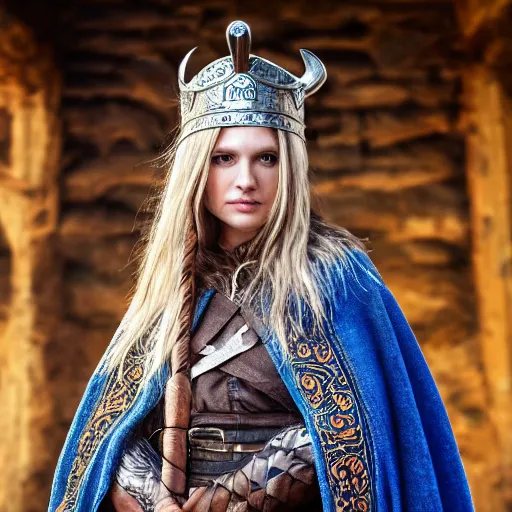 Image similar to beautiful Viking queen with ornate cloak, highly detailed, 4k, HDR, smooth, sharp focus, hyper realistic, high resolution, award-winning photo