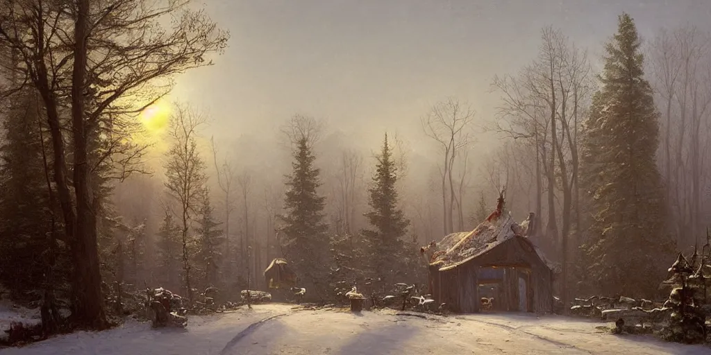 Image similar to The gateway into winter, cottagecore, by Simon Stålenhag and Albert Bierstadt, oil on canvas