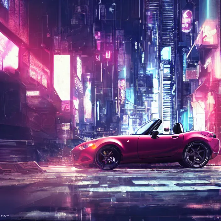 Image similar to a mazda miata in cyberpunk city, cyberpunk futuristic digital art concept