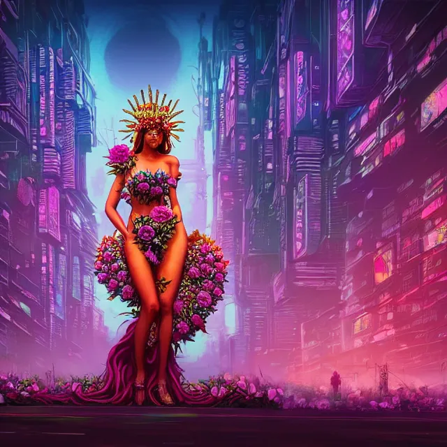 Image similar to Beautiful 3d render of the flower queen goddess in a sensual pose, in the style of Dan Mumford, with a crowded futuristic cyberpunk city in the background, astrophotgraphy