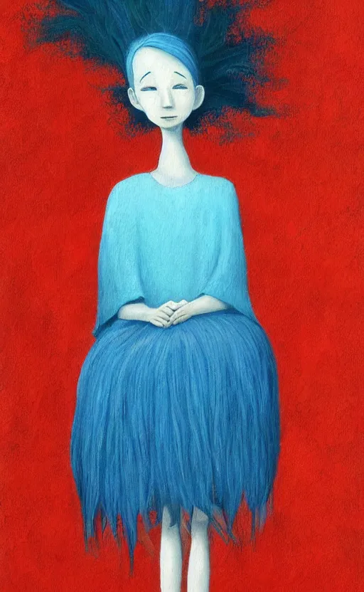 Image similar to girl with blue hair as a shaun tan painting the red tree illustration detailed painting