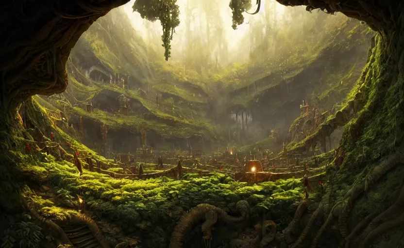 Image similar to worm's eye view of a elven headquarters carved inside a mountain above a lush garden, neat and tidy, magical, natural light, fantasy, sharp focus, concept art, by greg rutkowski and craig mullins, cozy atmospheric and cinematic lighting, trending on artstation