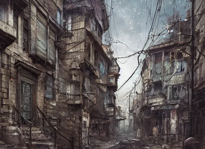 Image similar to street in belgrade, pov, jpeg artefacts on canvas, by seb mckinnon and james gurney and greg rutkowski, highly detailed, hdr