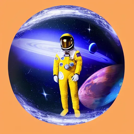 Image similar to astronaut in space, galactic background reflections on suit on one side and a yellow planet on the other side