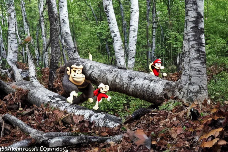 Image similar to donkey kong in a forest knocking down trees, a white birch tree that has fallen over, donkey kong from nintendo 6 4